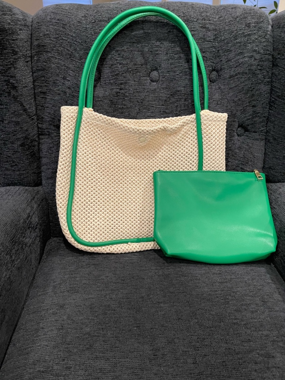 NWOT...MMS Design Studio Cream Woven Tote with Bright Green Trim and Pouch